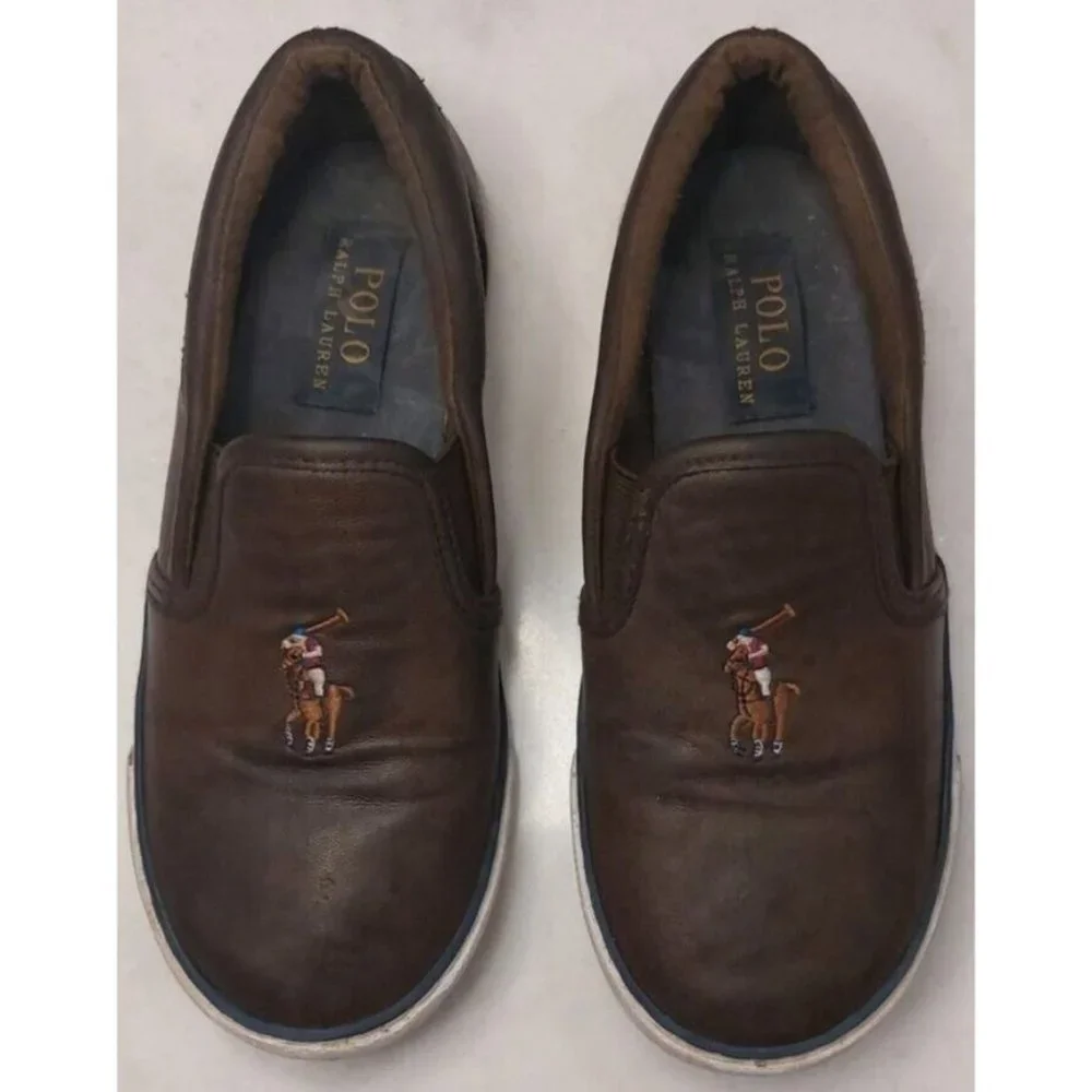 Kids Youth Boys Polo Ralph Lauren Slip‎ On Shoes Sneakers Brown Leather Pony 1